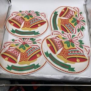 Town & Country Vinyl 1980s‎ Christmas Table Placemats 14 X 17 Bells MCM White